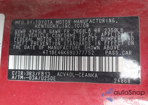 2009 Toyota Camry Le z USA, uszkodzony, nr VIN 4T1BE46K69U377752